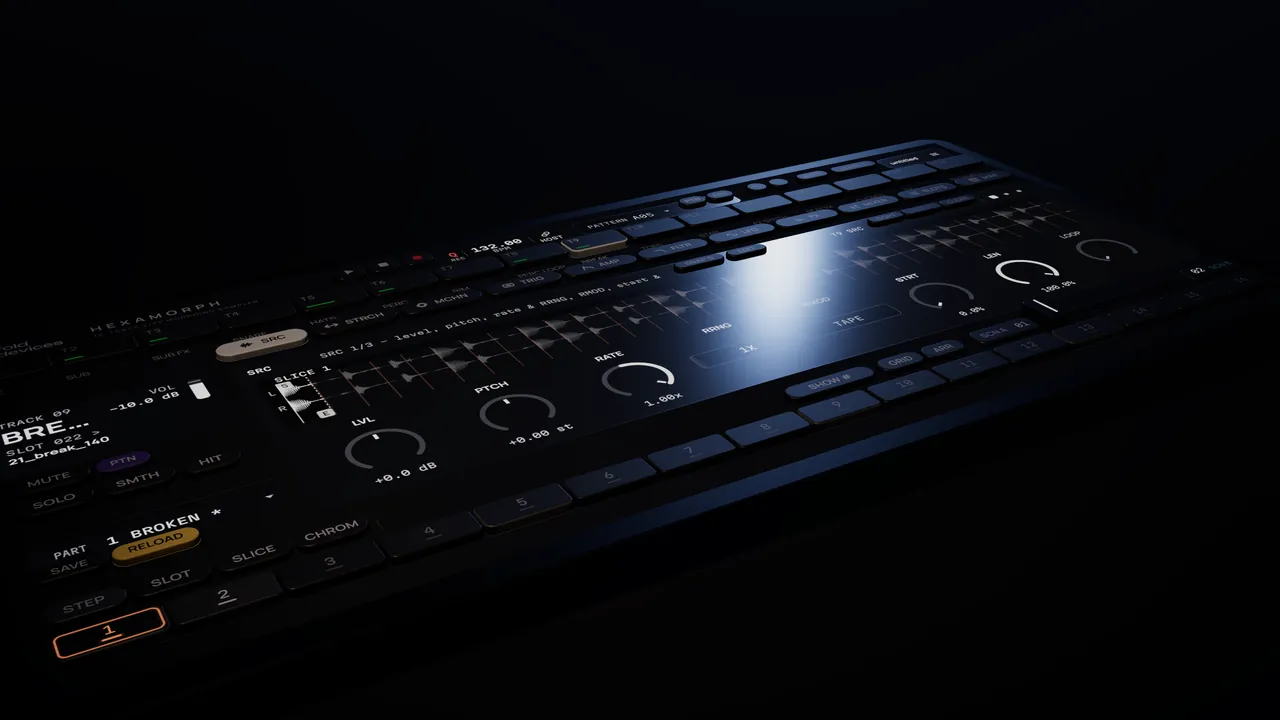 Hexamorph, a 16-track sampler plugin, rendered as a device lit from the side