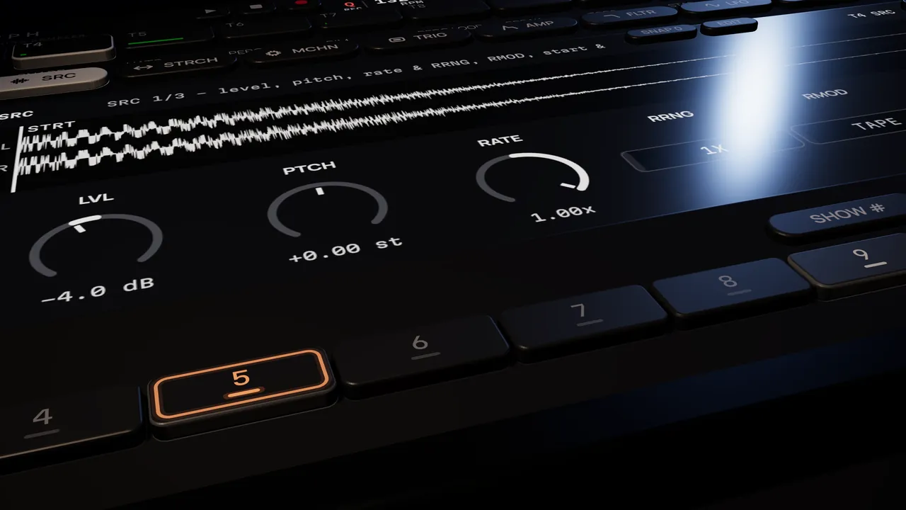 A locked step lit orange under the SRC knobs, rendered close up