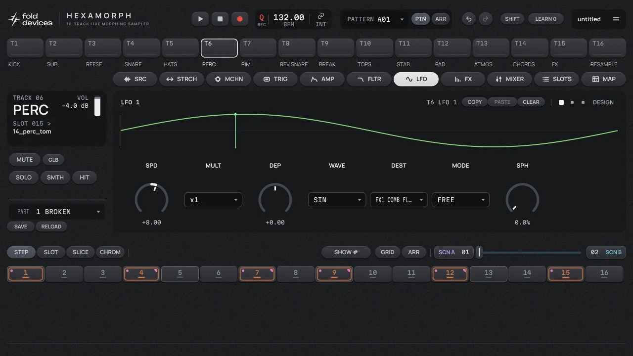 LFO page: a sine wave LFO with speed, multiplier, depth, wave, destination and mode controls