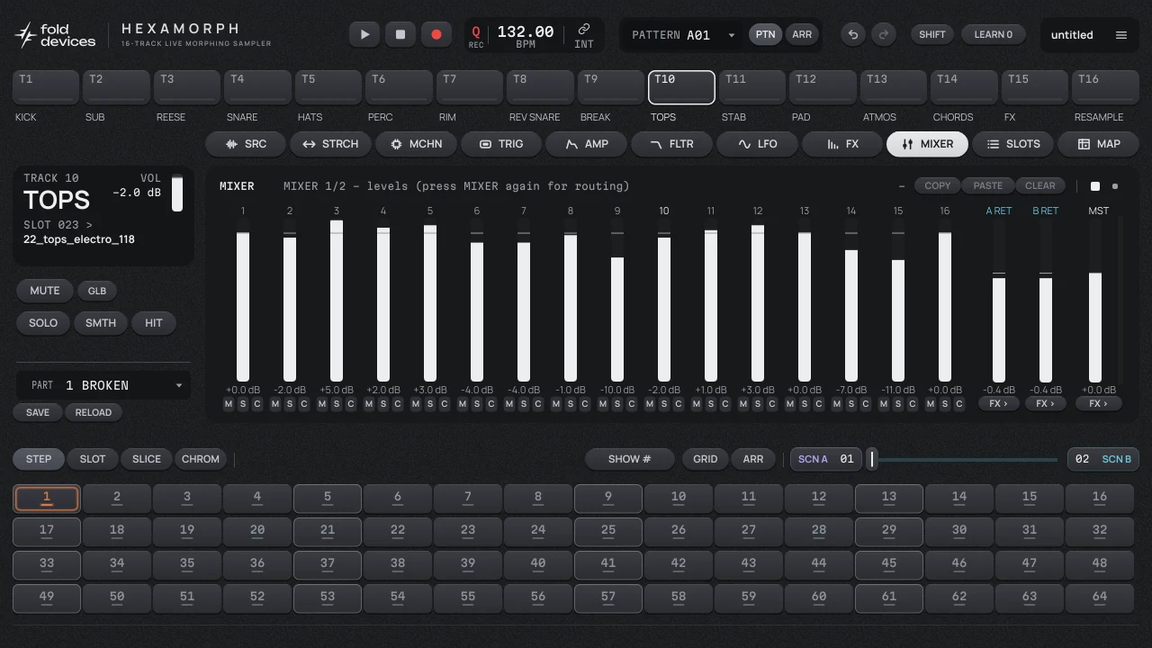 MIXER page with 16 track faders, two send returns and the master fader