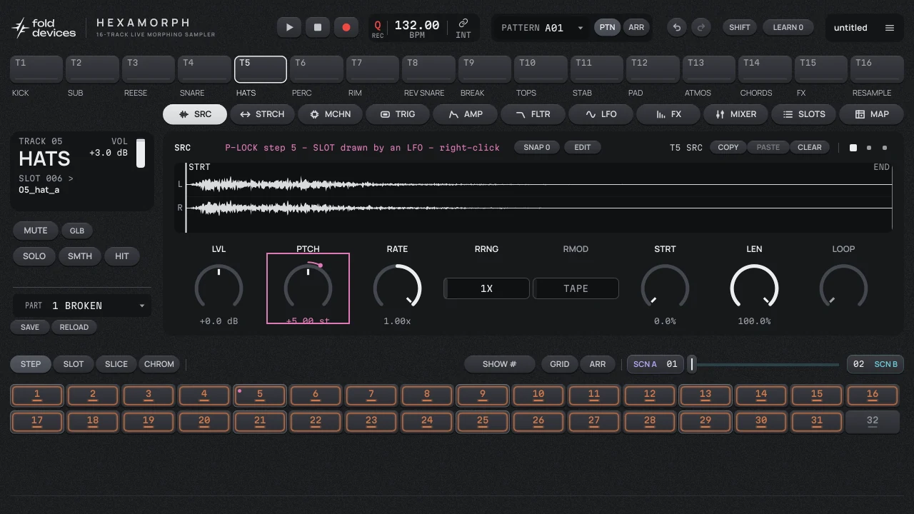 A step opened for locking: the SRC page of a hi-hat track, header marked P-LOCK step 5