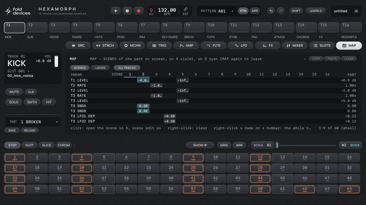 The MAP page: a table of the parameters two scenes change, with the part values on the right